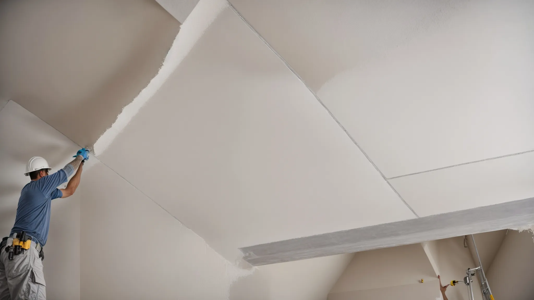 a professional drywall installer applies joint compound to seamlessly connect two large, smooth drywall panels on an interior wall of a house undergoing renovation.