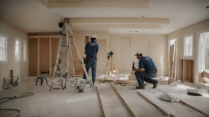 a team of drywall professionals efficiently working on the interior of a home renovation project.